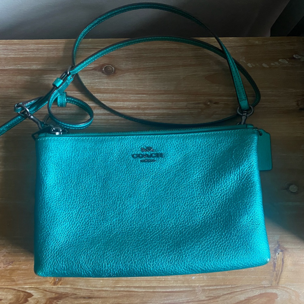 Coach Metallic Teal Pebble Leather Crossbody